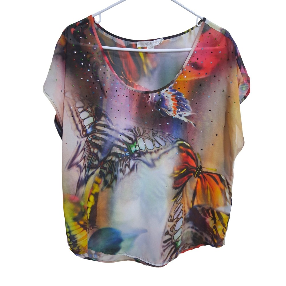 Boston Proper Whimsical Fairygrunge Womens size 10 Bling Butterfly Sheer Top